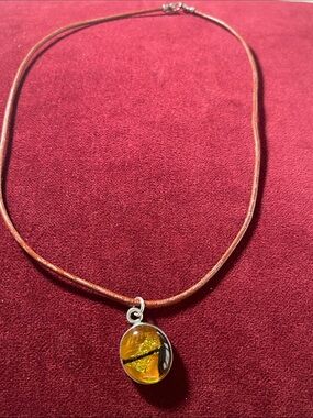 Art Glass Pendant on Brown Leather Cord Necklace